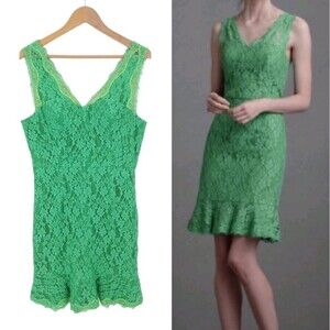 McGinn Floral Lace Ruffle Above Knee Sheath Dress Cocktail Kelly Green
